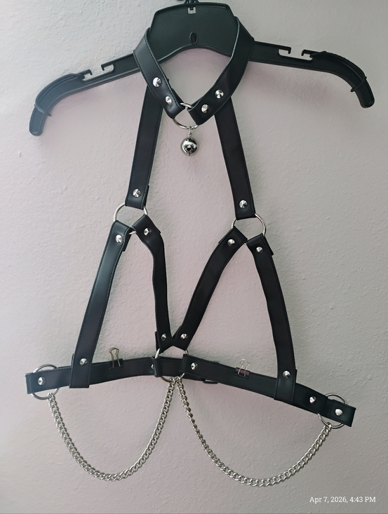 Killstar Accessories - Black Faux Leather Harness with Silver Chains and Bell